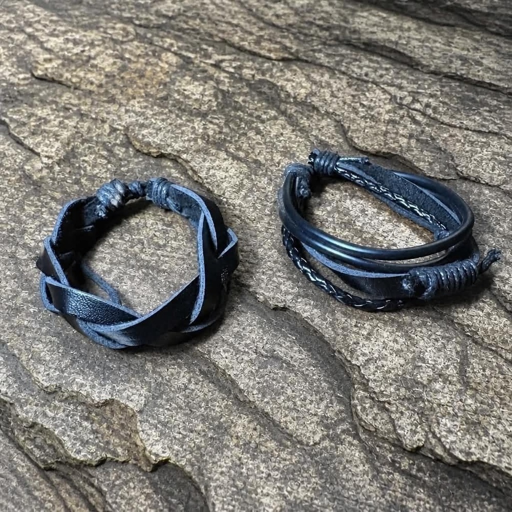 2Pcs Black Woven Leather Cord Couples Friendship Bracelets Set Gift NEW